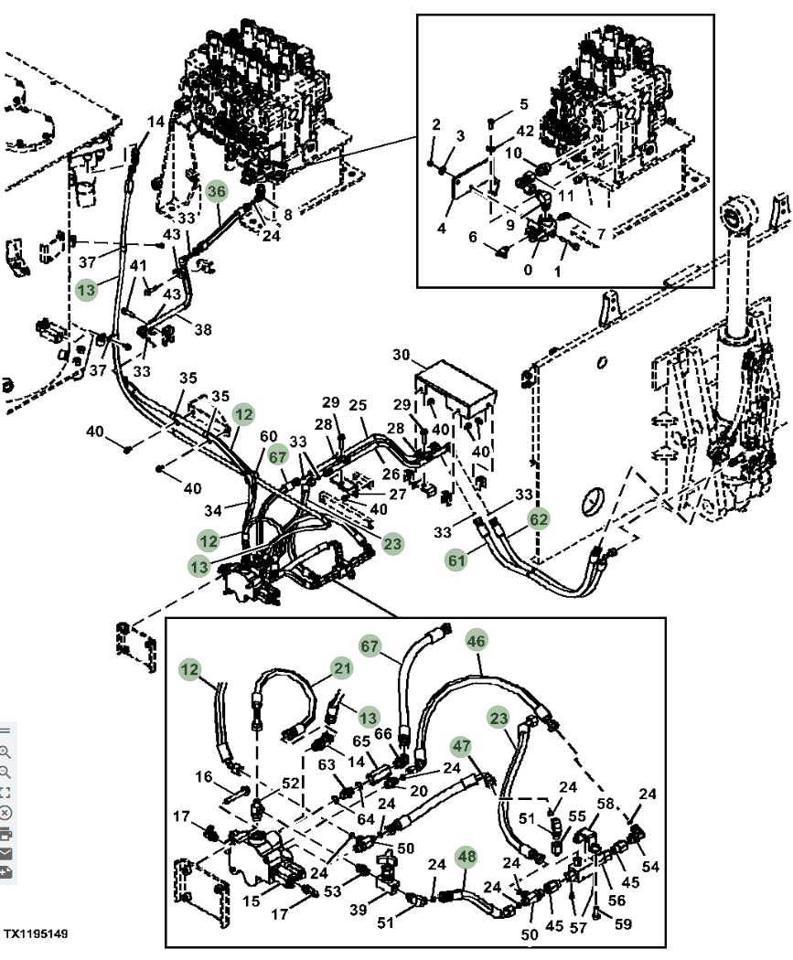Hitachi ZX670LC-6 installation diagram showing hydraulic hose 4601391 at Pipe No. 36