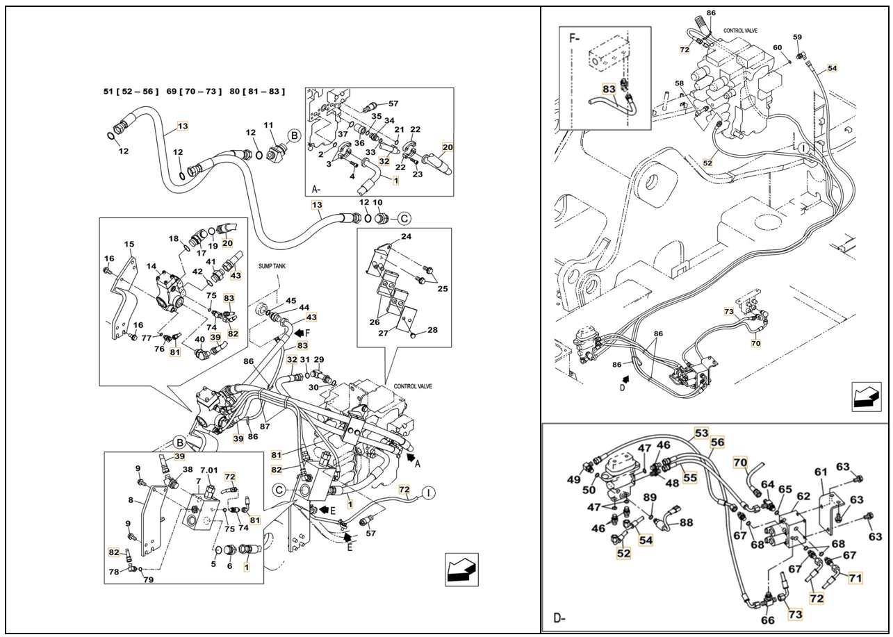 Case CX130C W/B installation diagram showing hydraulic hose KHJ14650 at Pipe No. 53