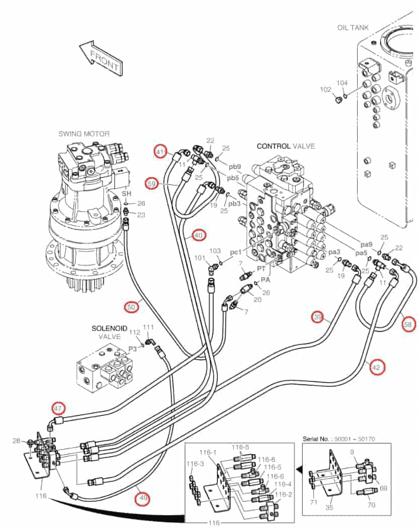 Doosan DX140LC installation diagram showing hydraulic hose DS2093036 at Pipe No. 50