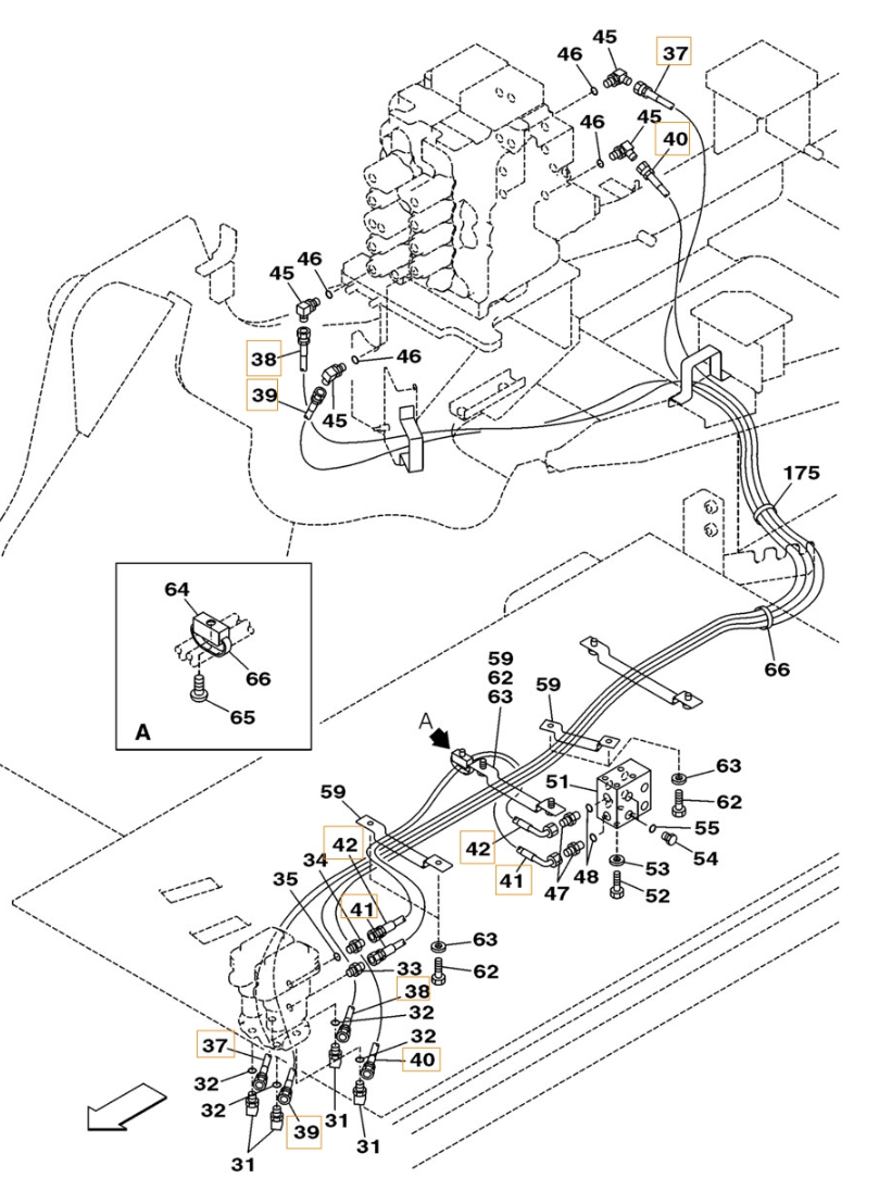 Case CX160 installation diagram showing hydraulic hose 159019A1 at Pipe No. 42