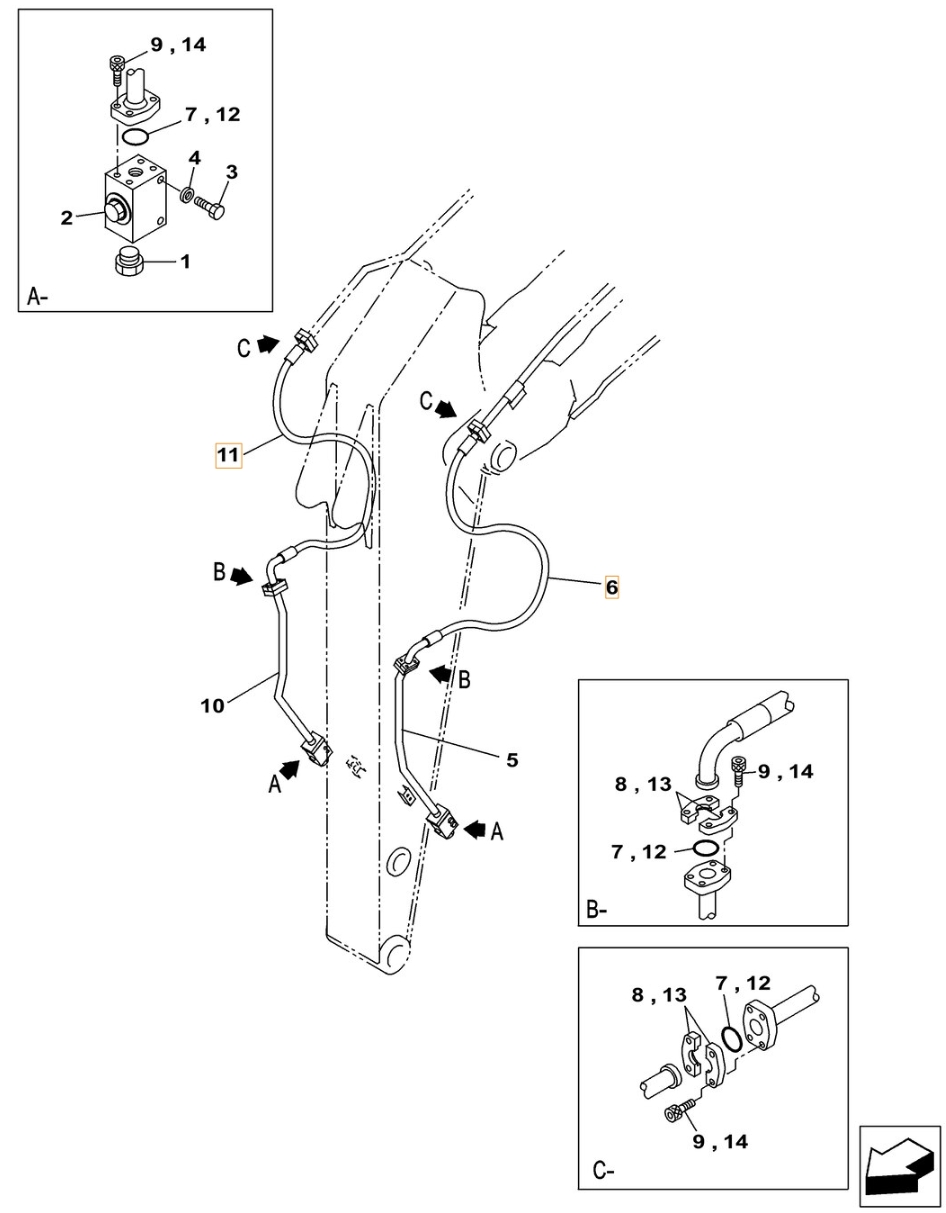 Case CX500C LC ME installation diagram showing hydraulic hose KBV15980 at Pipe No. 11