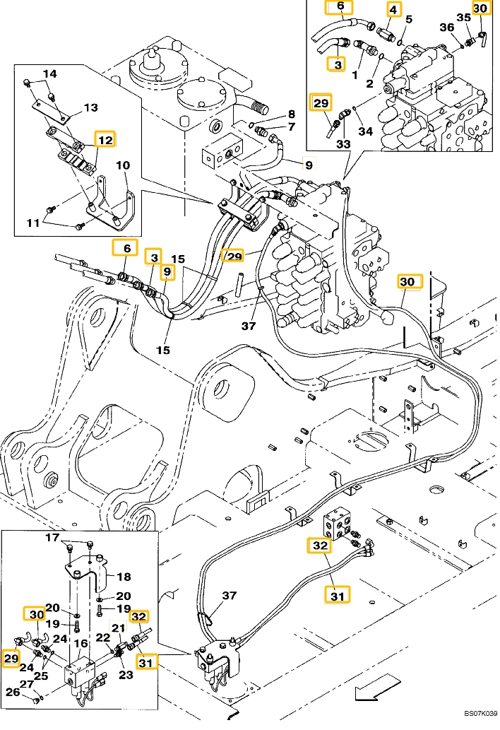 Case CX130B installation diagram showing hydraulic hose KHJ15170 at Pipe No. 30
