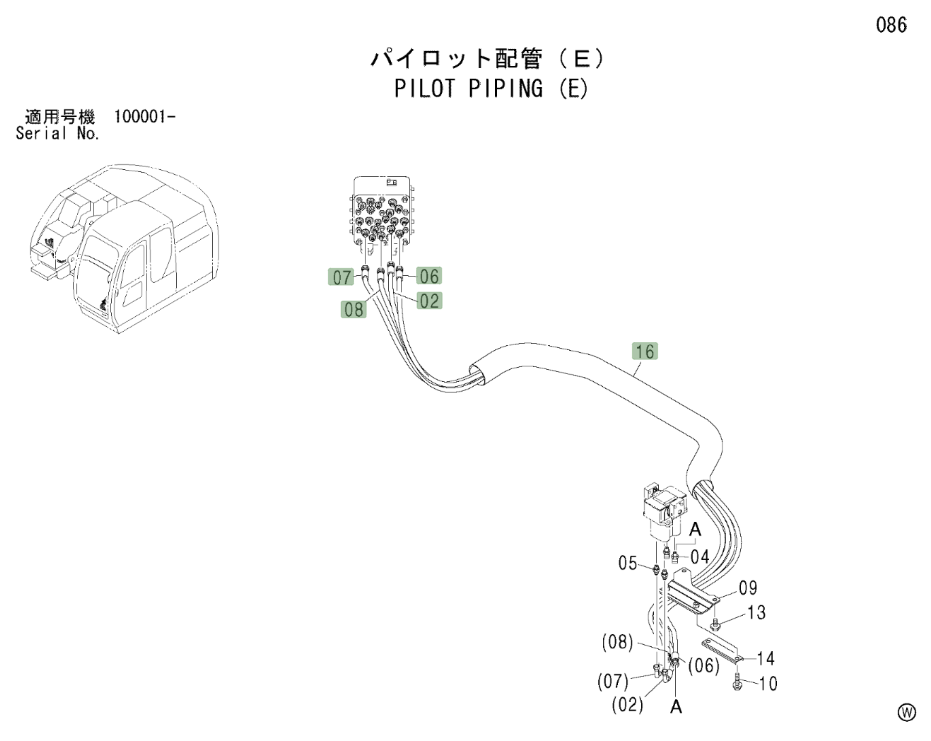 Hitachi ZX225USLC installation diagram showing hydraulic hose 4437078 at Pipe No. 7