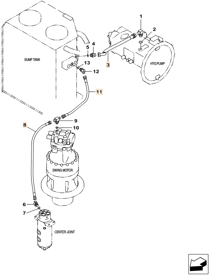 Case CX260C-8 LC installation diagram showing hydraulic hose KNJ2338 at Pipe No. 11