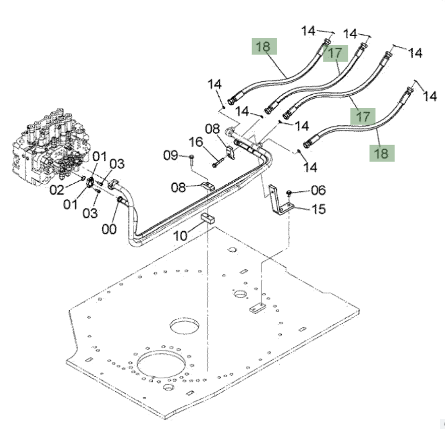 Hitachi ZX210W-3 installation diagram showing hydraulic hose 4650214 at Pipe No. 18