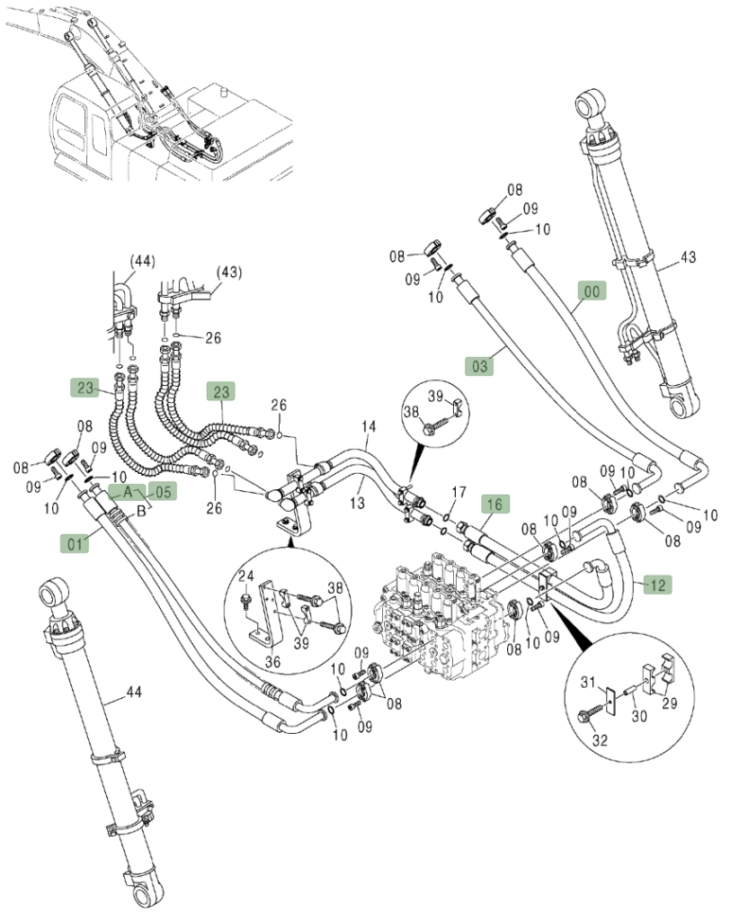 Hitachi ZX450LC installation diagram showing hydraulic hose 4369871 at Pipe No. 16
