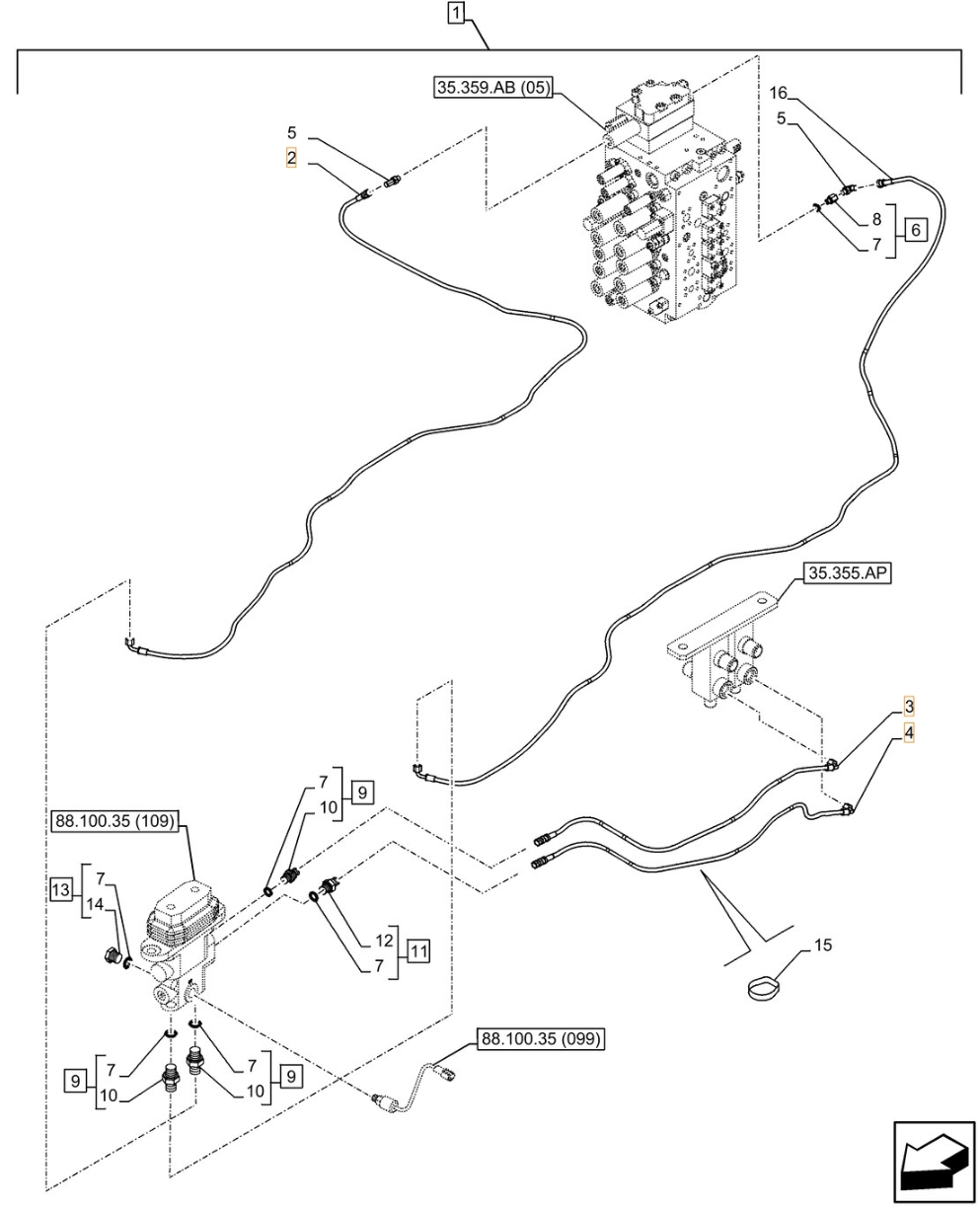 Case CX210D LC LR installation diagram showing hydraulic hose KHJ16300 at Pipe No. 2