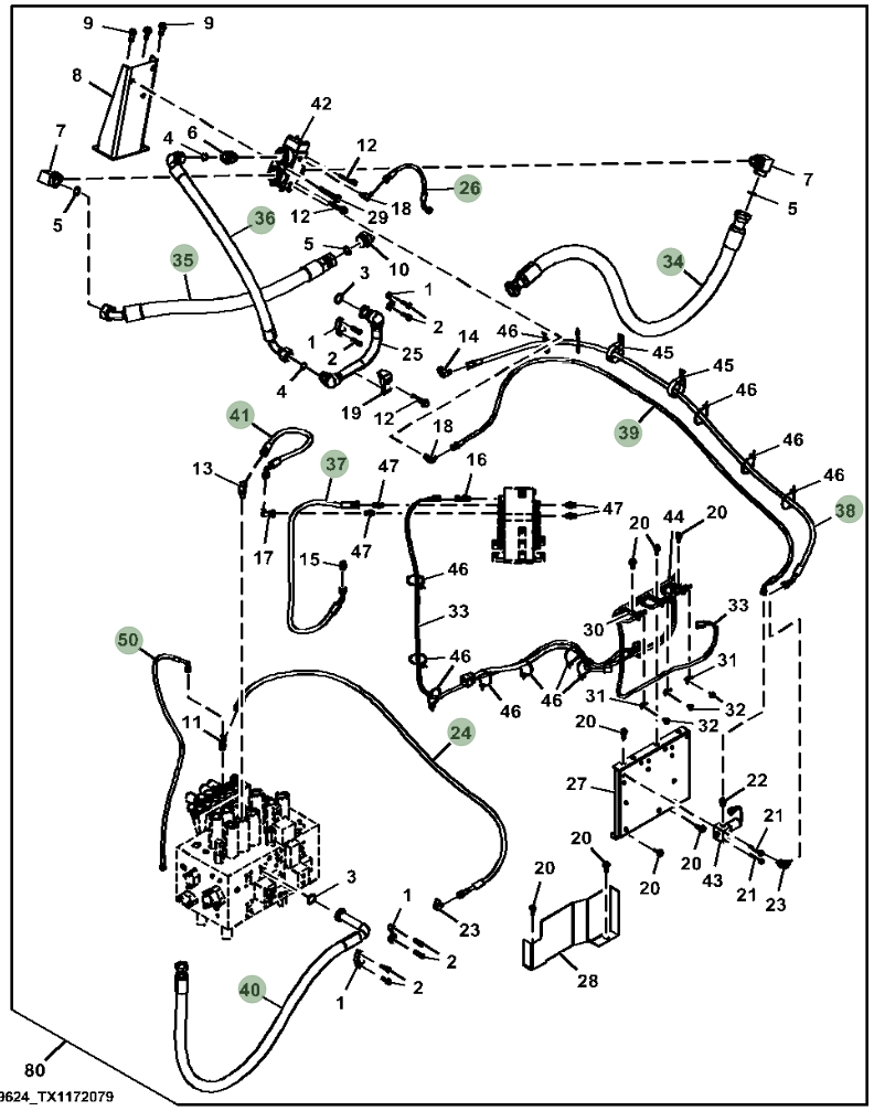 Hitachi ZX380LC-5N installation diagram showing hydraulic hose 4468180 at Pipe No. 50
