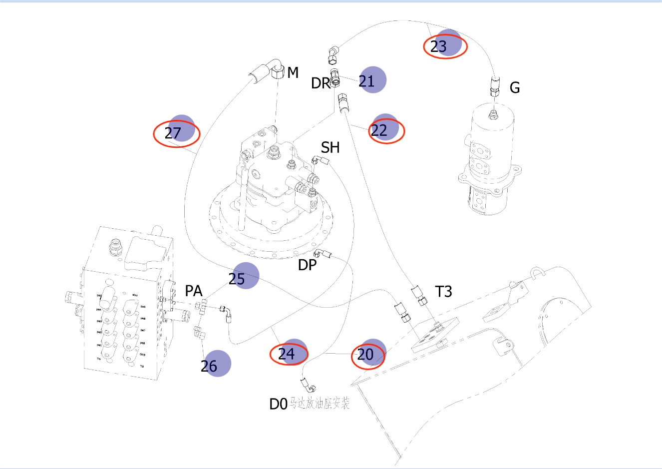 Sunward SWE150E installation diagram showing hydraulic hose 73050200A084 at Pipe No. 23