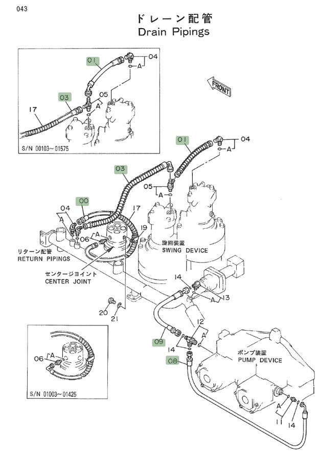Hitachi EX700 installation diagram showing hydraulic hose 4217383 at Pipe No. 0