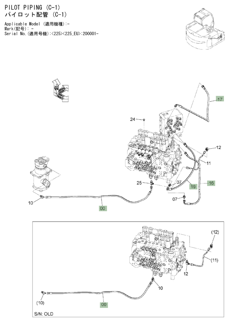 Hitachi ZX225US-3 installation diagram showing hydraulic hose 4427111 at Pipe No. 19