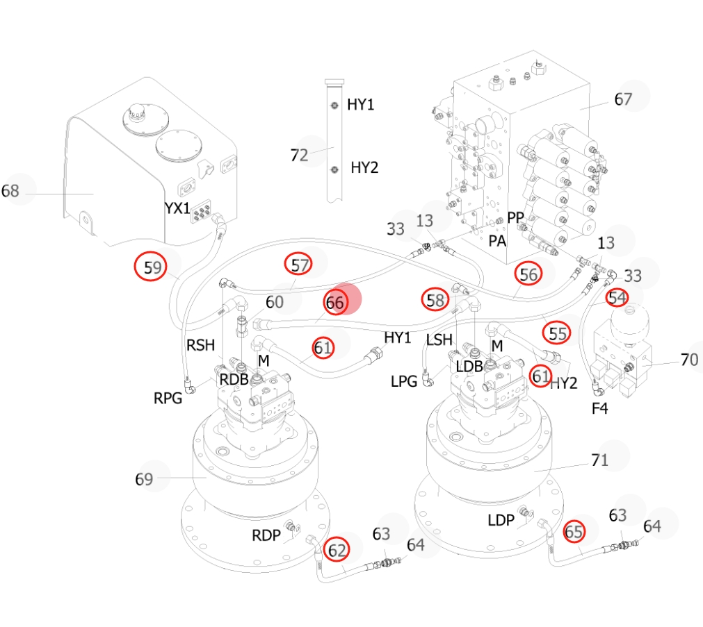 Sunward SWE470E-3 installation diagram showing hydraulic hose 730502002990 at Pipe No. 65