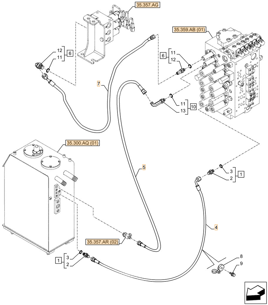 Case CX250D LC installation diagram showing hydraulic hose KHJ13800 at Pipe No. 4
