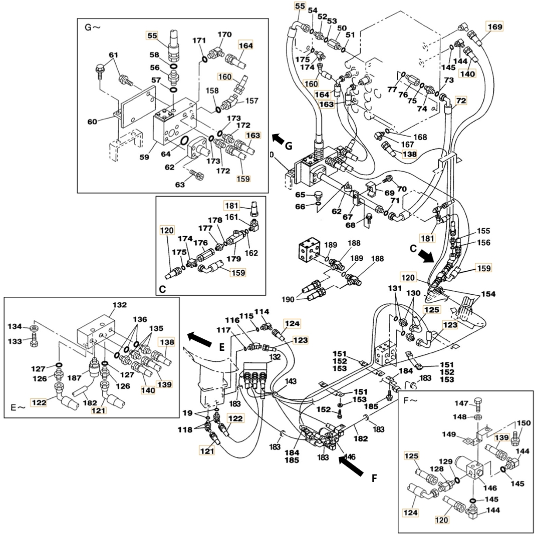 Case CX210 installation diagram showing hydraulic hose 151904A1 at Pipe No. 138