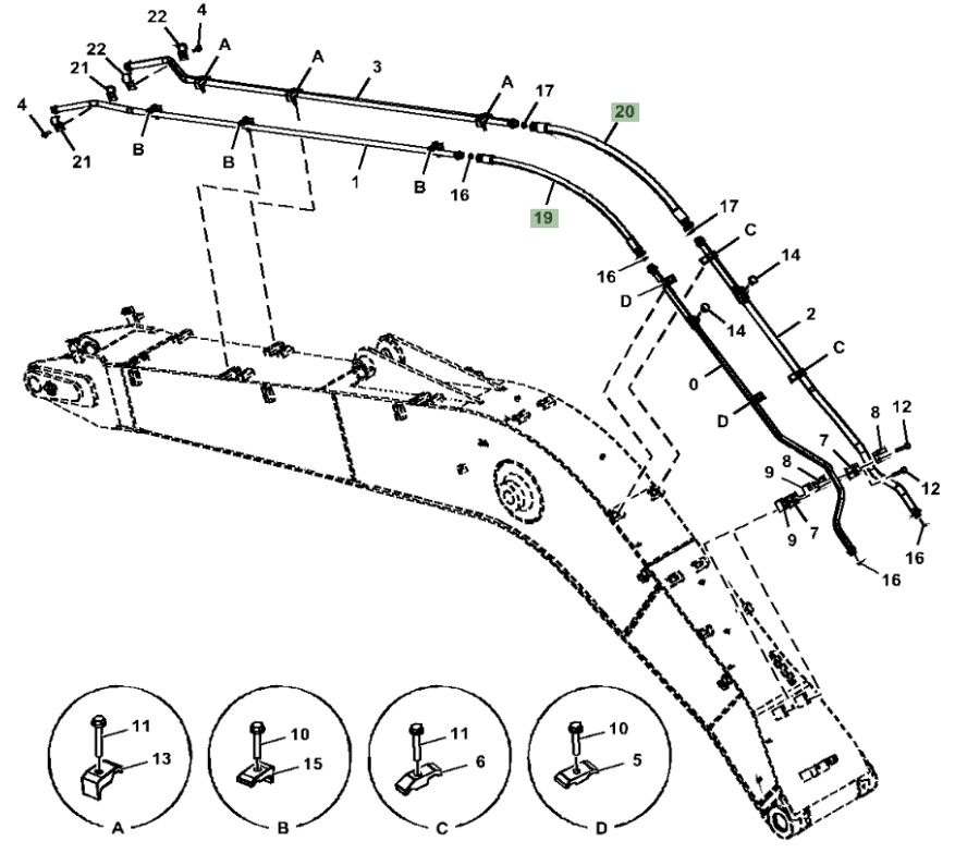Hitachi ZX190W-6N installation diagram showing hydraulic hose 4662954 at Pipe No. 20