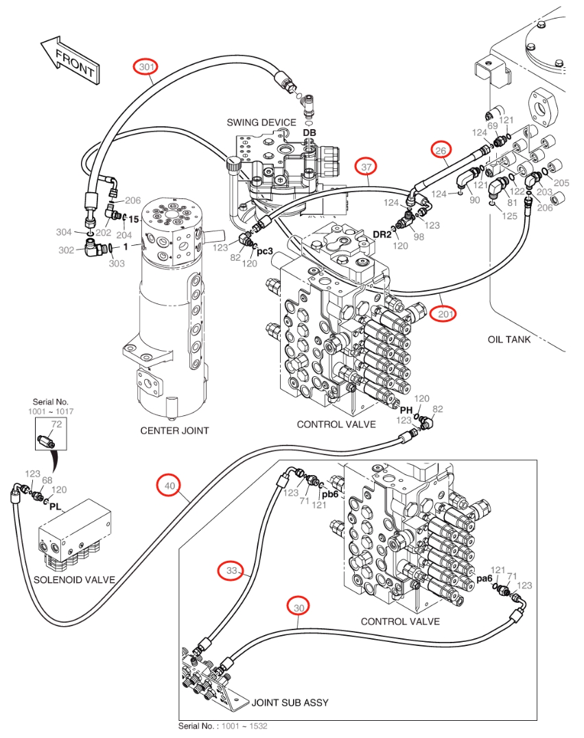 Doosan DX140W-5 installation diagram showing hydraulic hose DS2121008 at Pipe No. 30