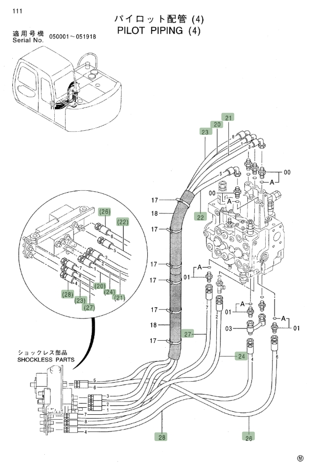 Hitachi EX80-5 installation diagram showing hydraulic hose 4388019 at Pipe No. 27