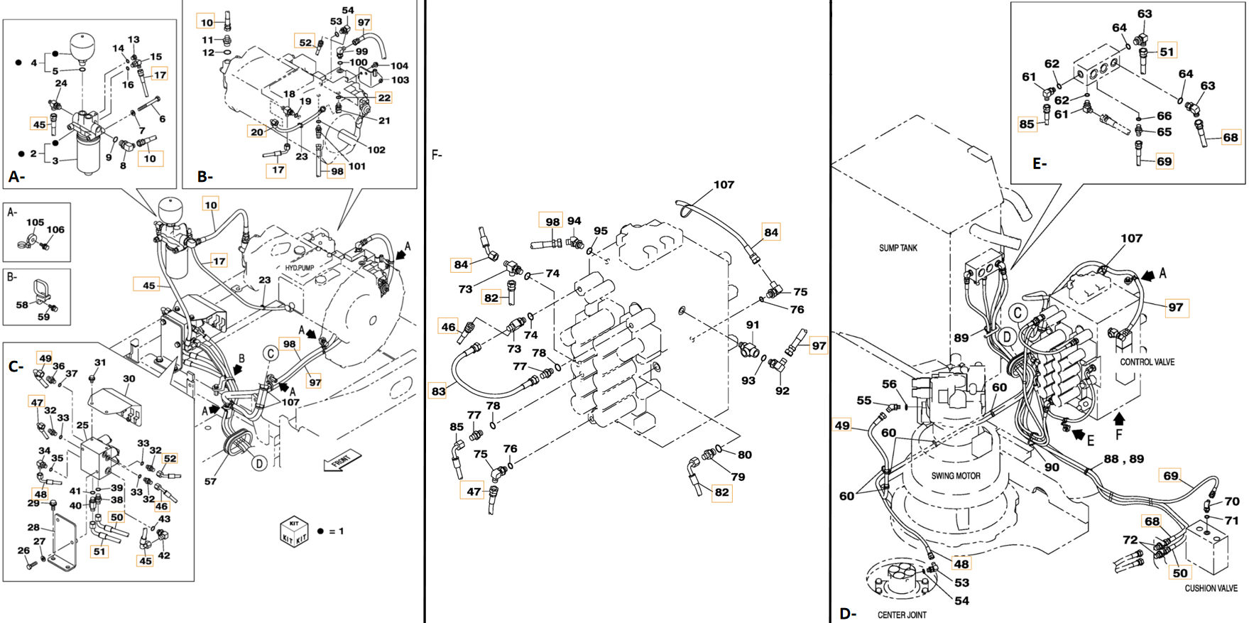 Case CX250C installation diagram showing hydraulic hose KHJ2244 at Pipe No. F84