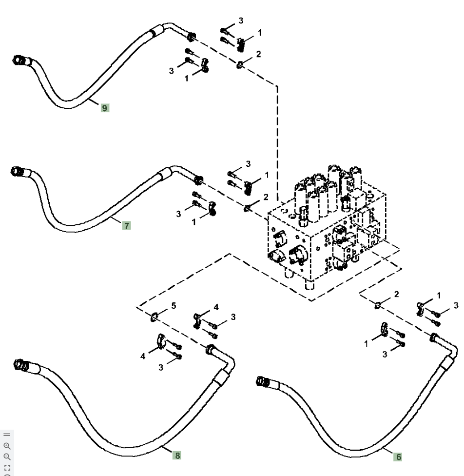 Hitachi ZX210LC-5A installation diagram showing hydraulic hose 9264581 at Pipe No. 8