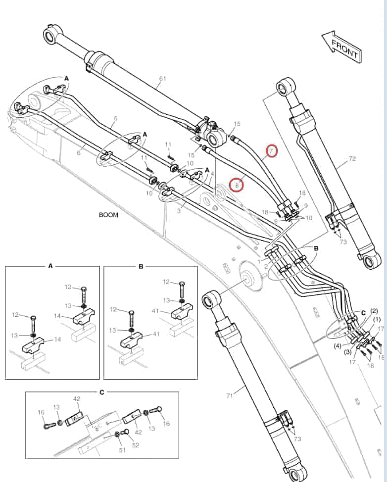 Doosan DX140LCR-5 installation diagram showing hydraulic hose DS2016251 at Pipe No. 7