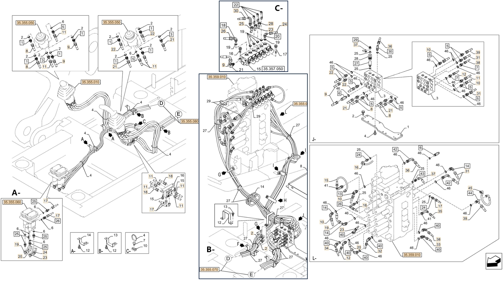 Case CX350D LC installation diagram showing hydraulic hose KHJ2394 at Pipe No. C25-L18