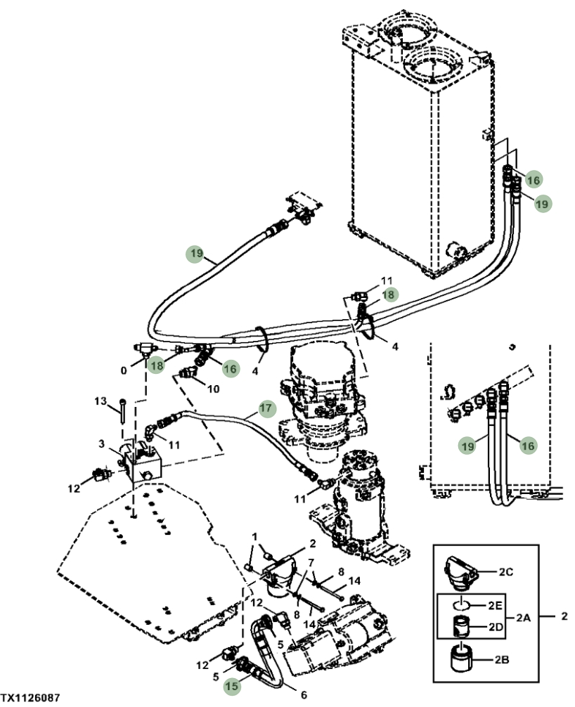 Hitachi ZX35U-5N installation diagram showing hydraulic hose 4364414 at Pipe No. 16