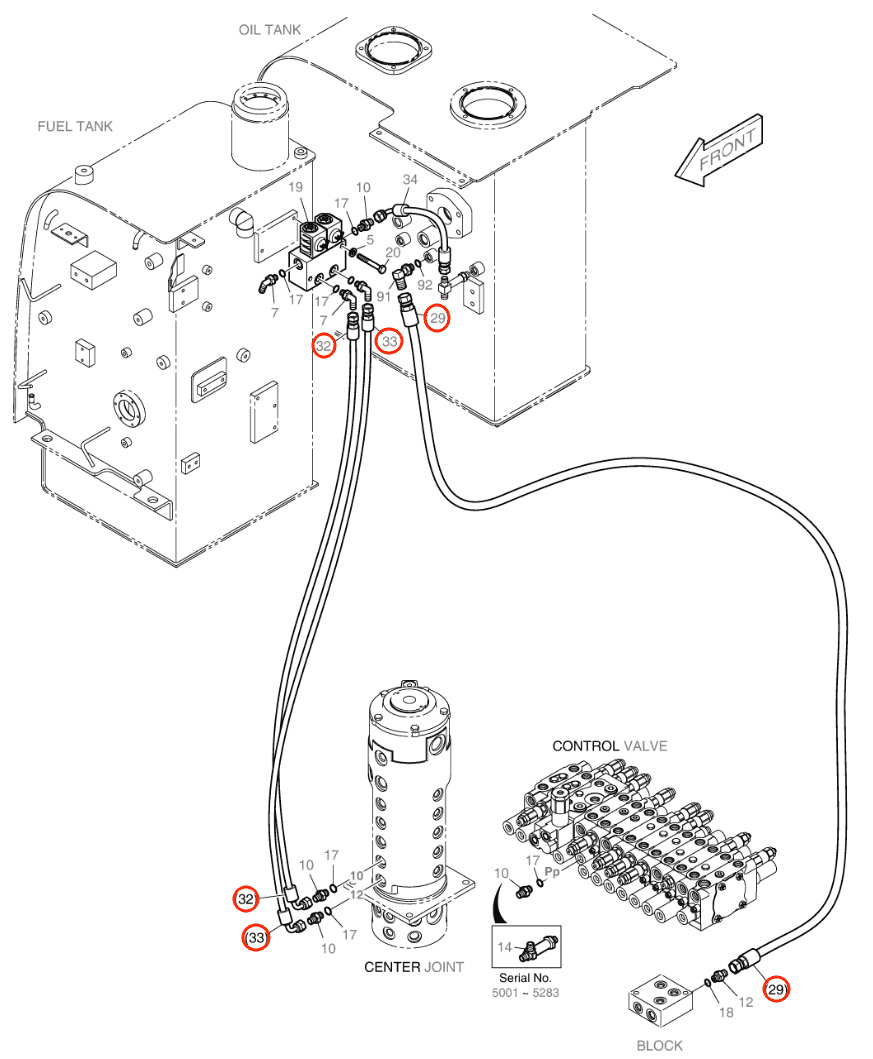 Doosan DX55W installation diagram showing hydraulic hose DS2093058 at Pipe No. 32