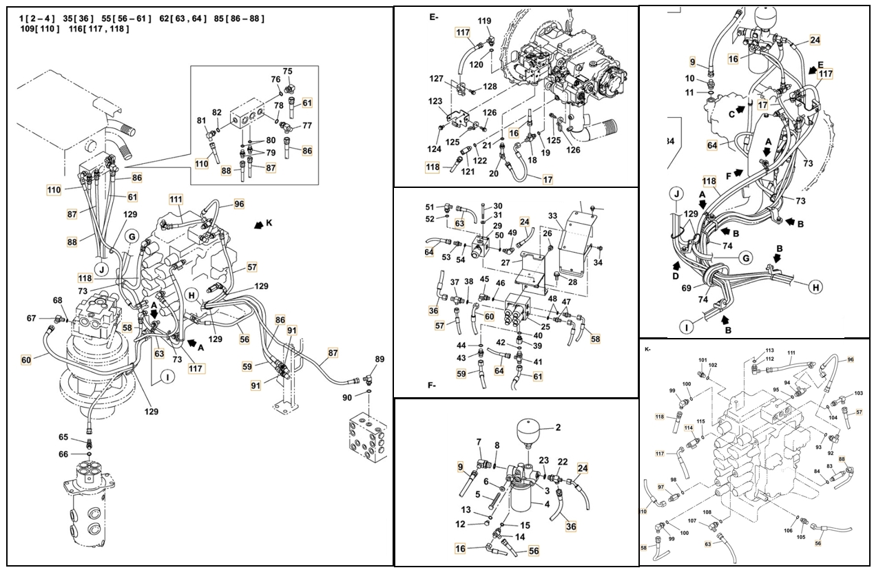 Case CX130C-8 installation diagram showing hydraulic hose KHJ2342 at Pipe No. 96