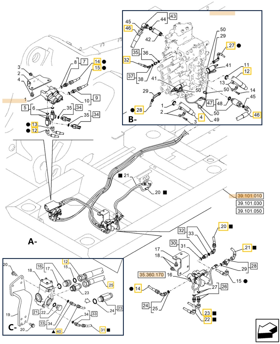 Case CX210E LC installation diagram showing hydraulic hose KHJ2199 at Pipe No. A13-B28