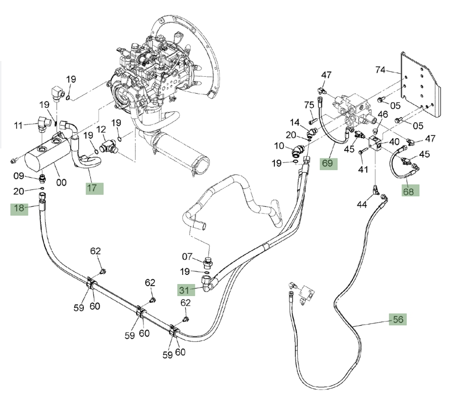 Hitachi ZX135US-3 installation diagram showing hydraulic hose 4674819 at Pipe No. 69