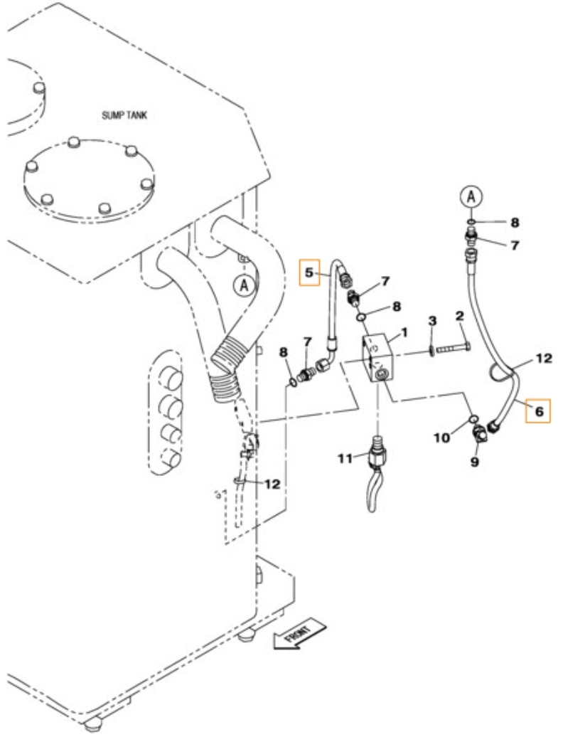 Case CX470C installation diagram showing hydraulic hose KHJ2047 at Pipe No. 6