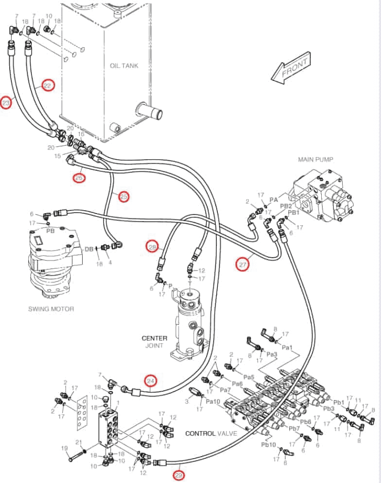 Doosan DX30Z installation diagram showing hydraulic hose DS2093299 at Pipe No. 22