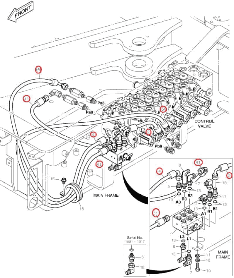 Doosan DX62R-3 installation diagram showing hydraulic hose DS2093180 at Pipe No. 41