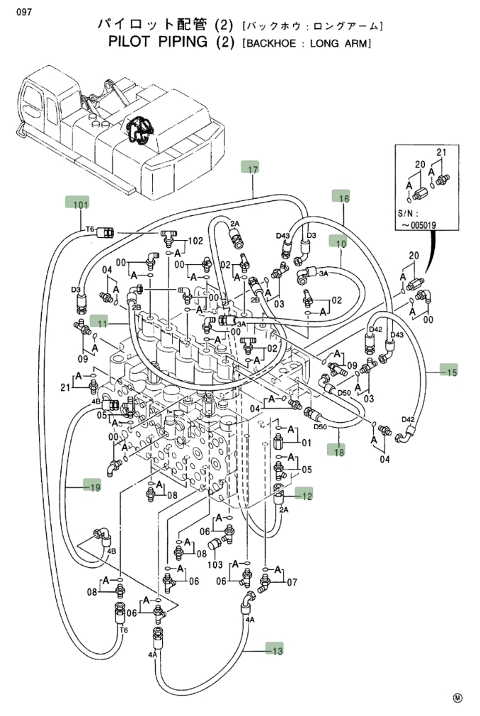 Hitachi EX750-5 installation diagram showing hydraulic hose 4373561 at Pipe No. 101