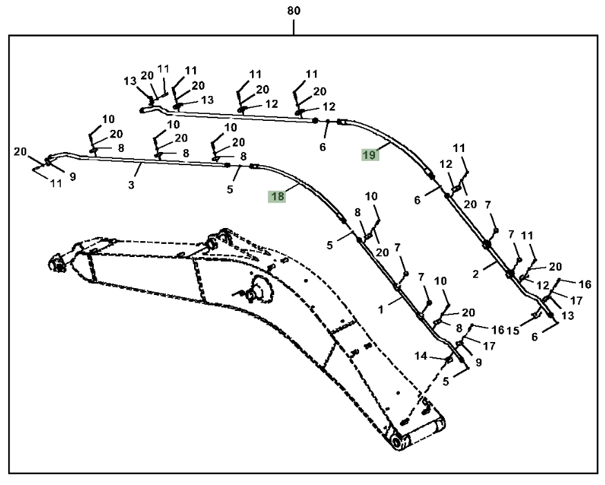 Hitachi ZX350LC-5N installation diagram showing hydraulic hose 4650823 at Pipe No. 18