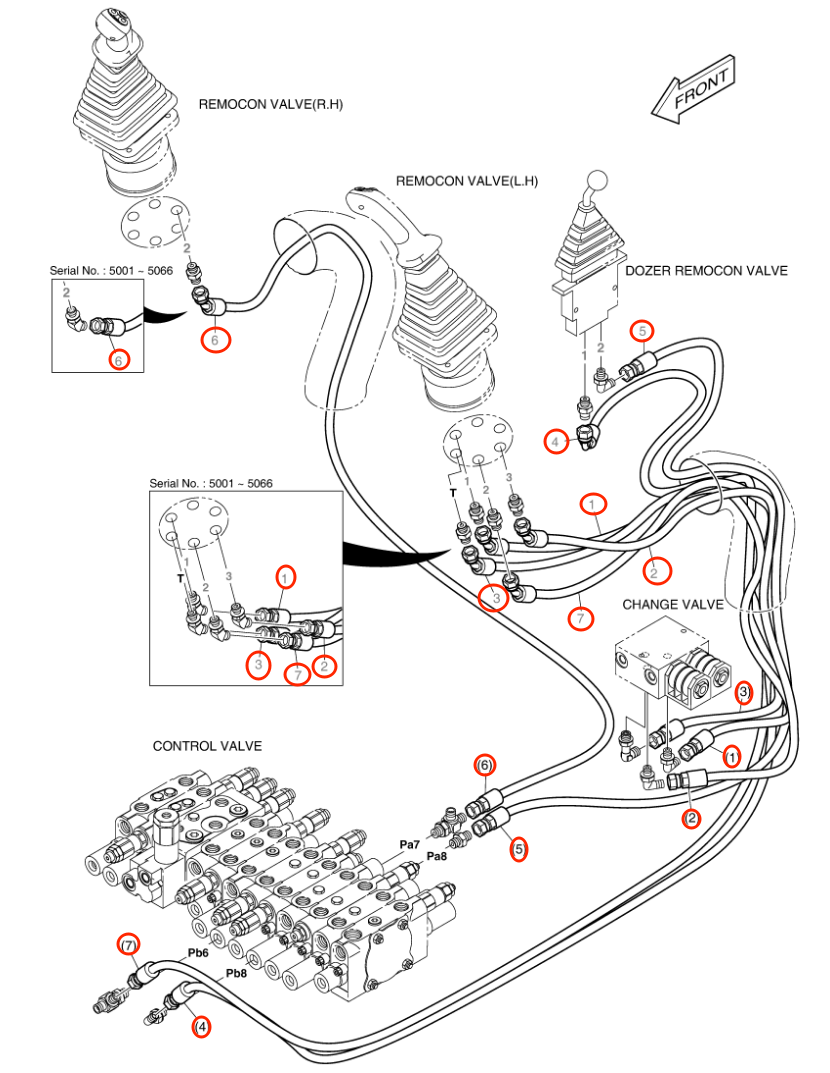 Doosan B55W-2 installation diagram showing hydraulic hose DS2092096 at Pipe No. 6