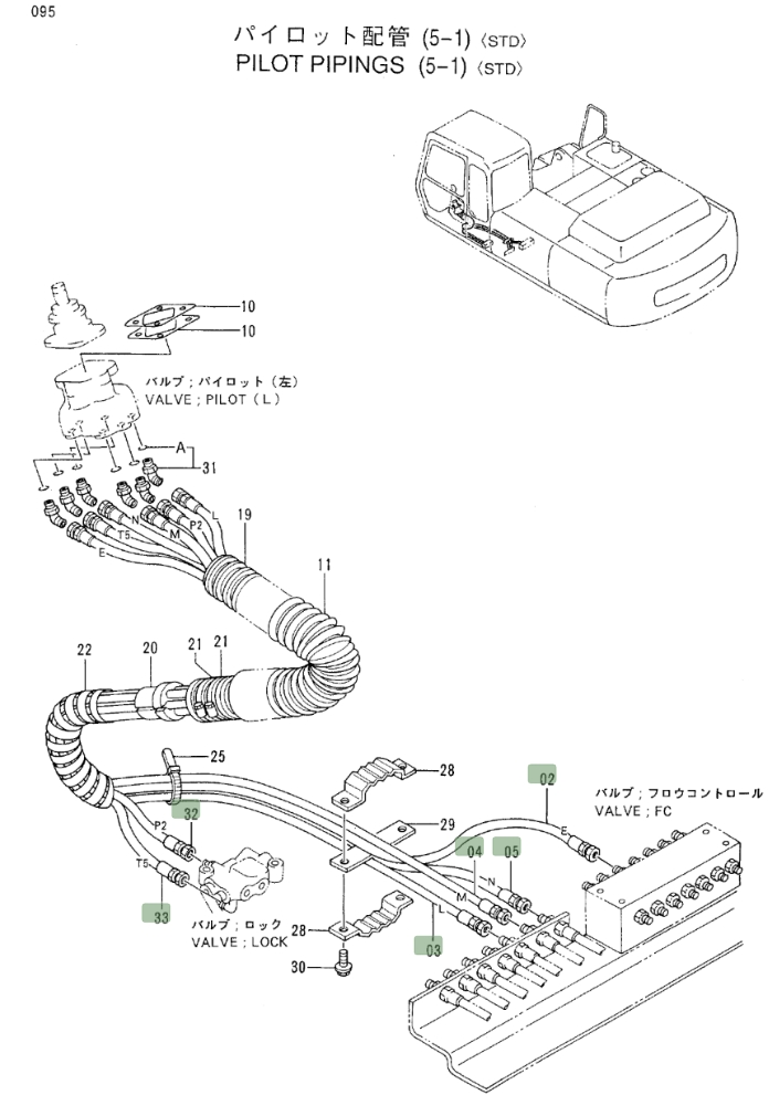 Hitachi EX300LC-3C installation diagram showing hydraulic hose 4304411 at Pipe No. 32