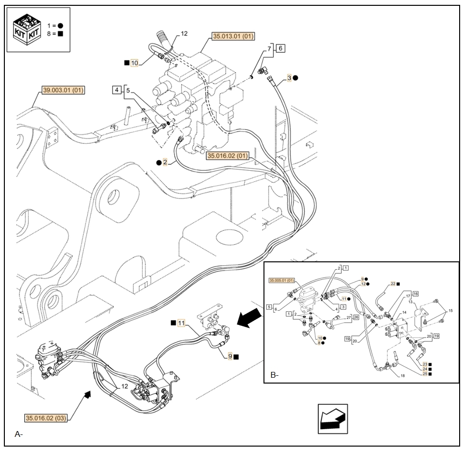 Case CX130C installation diagram showing hydraulic hose KHJ2036 at Pipe No. A9-B22