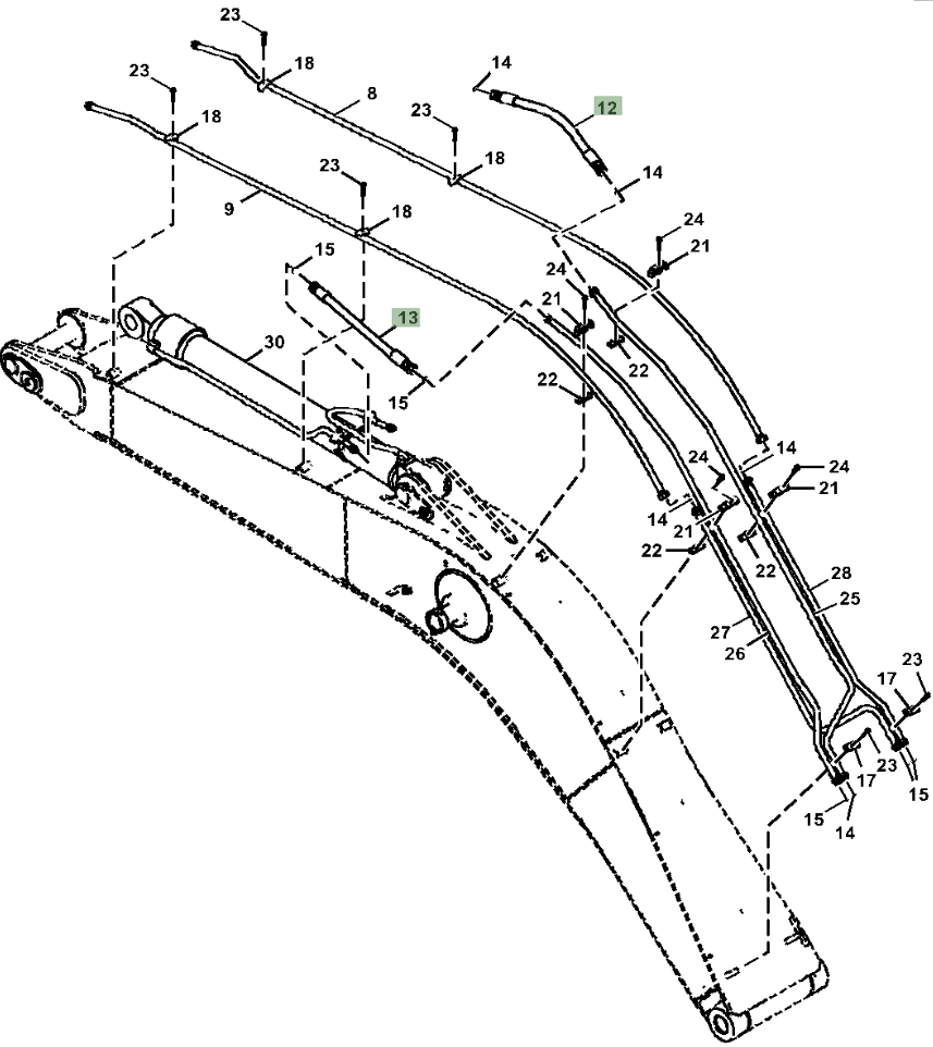 Hitachi ZX350LC-5A installation diagram showing hydraulic hose 4628956 at Pipe No. 13
