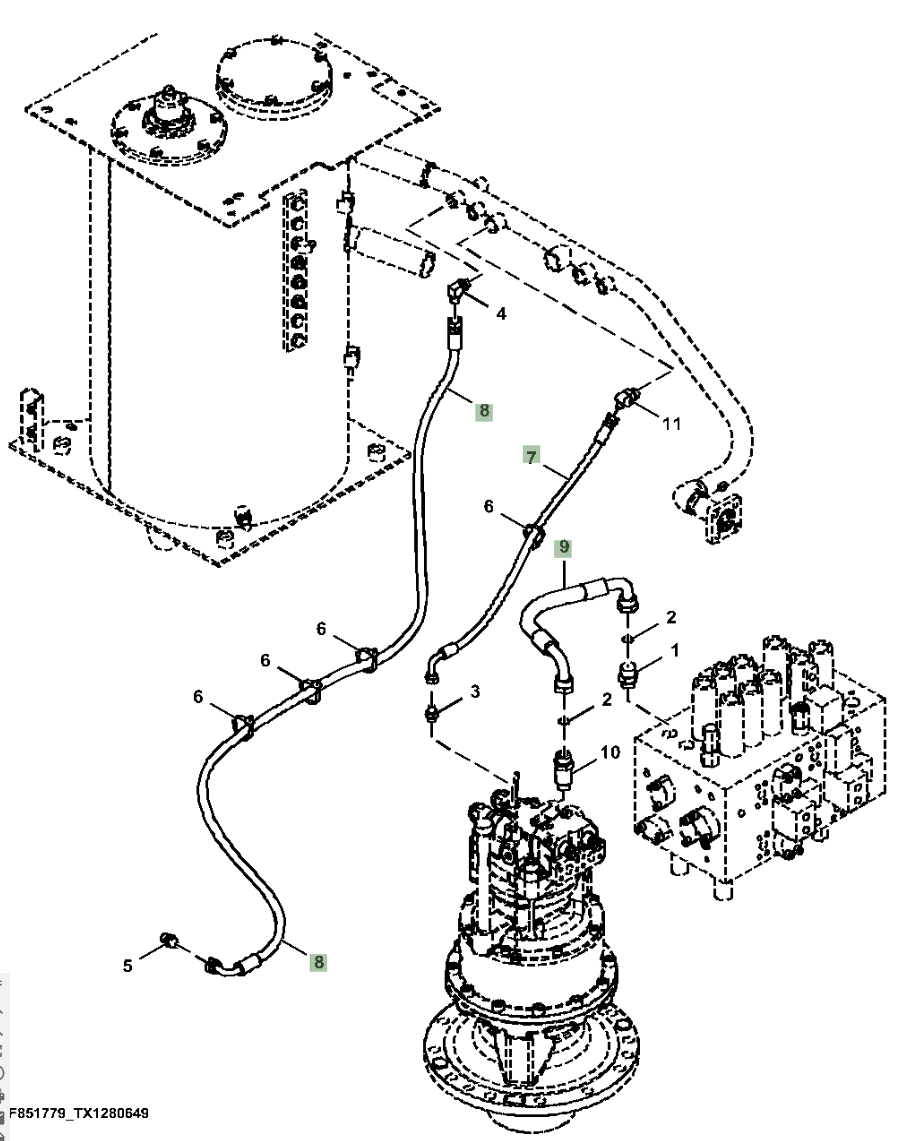 Hitachi ZX210LC-5A installation diagram showing hydraulic hose 4448946 at Pipe No. 7