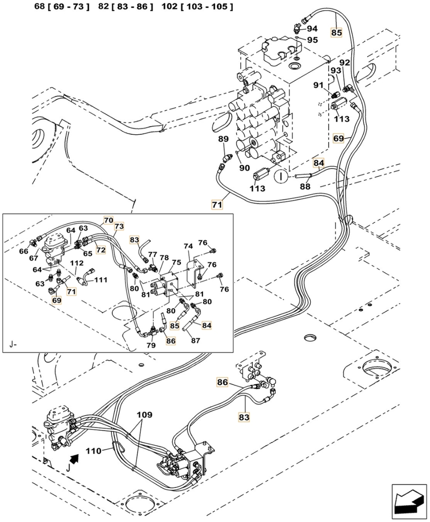Case CX300C installation diagram showing hydraulic hose KHJ18110 at Pipe No. 85