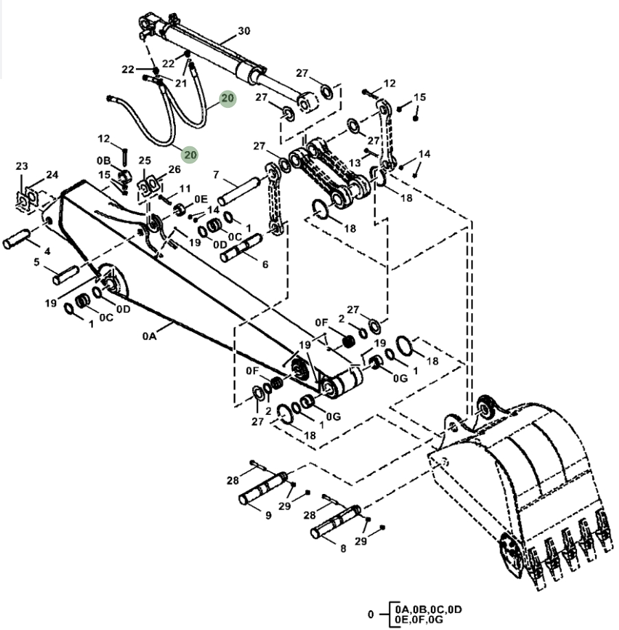 Hitachi ZX160LC-5N installation diagram showing hydraulic hose 4644709 at Pipe No. 20