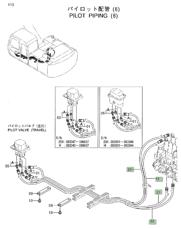 Hitachi EX200LC-5 installation diagram showing hydraulic hose 4331044 at Pipe No. 22