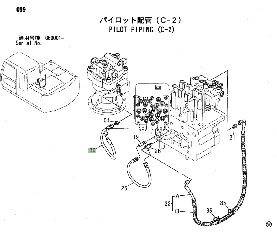 Hitachi ZX120 installation diagram showing hydraulic hose 4442331 at Pipe No. 26