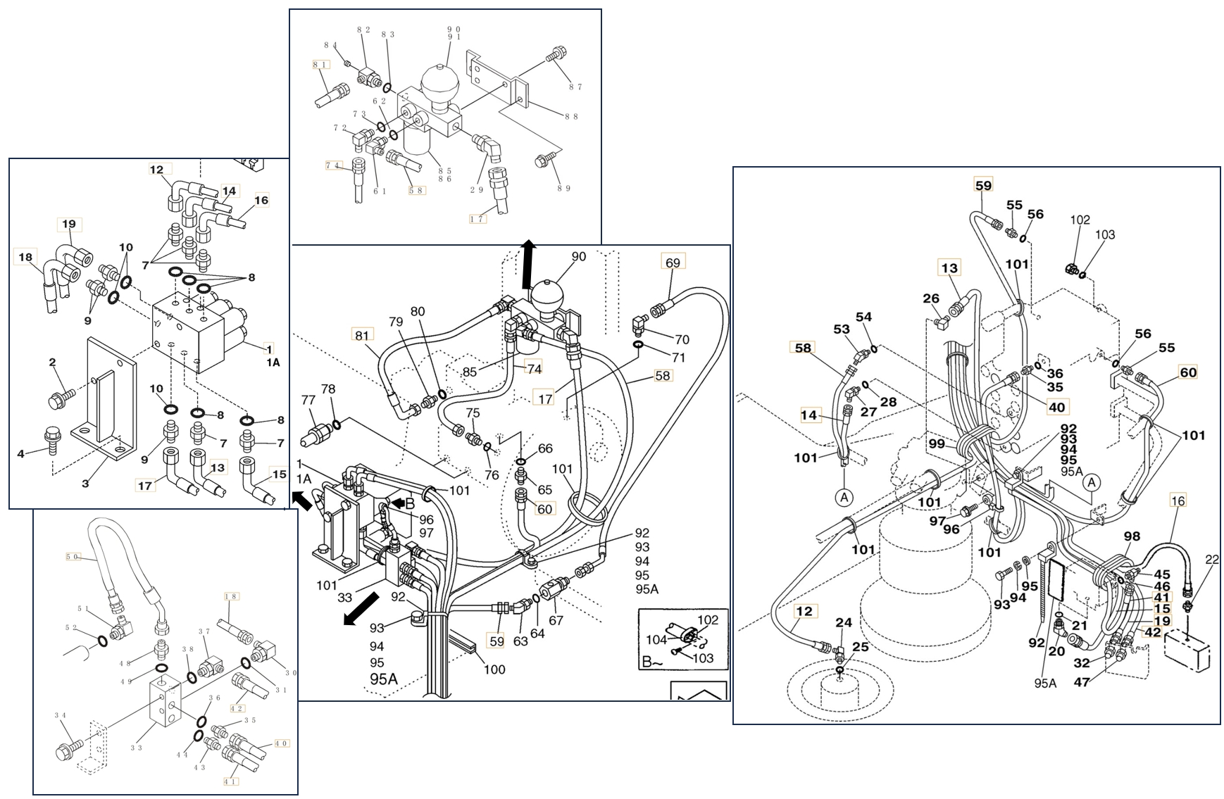 Case CX210N installation diagram showing hydraulic hose KHJ2692 at Pipe No. 60