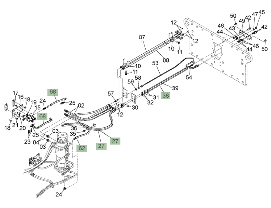 Hitachi ZX210W-3 installation diagram showing hydraulic hose 4436269 at Pipe No. 68A