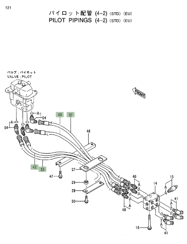 Hitachi EX550LC-3 installation diagram showing hydraulic hose 4366791 at Pipe No. 43
