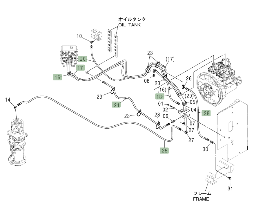 Hitachi ZX210W installation diagram showing hydraulic hose 4484593 at Pipe No. 28