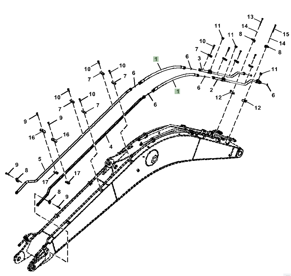 Hitachi ZX210LC-5A installation diagram showing hydraulic hose 4649213 at Pipe No. 1