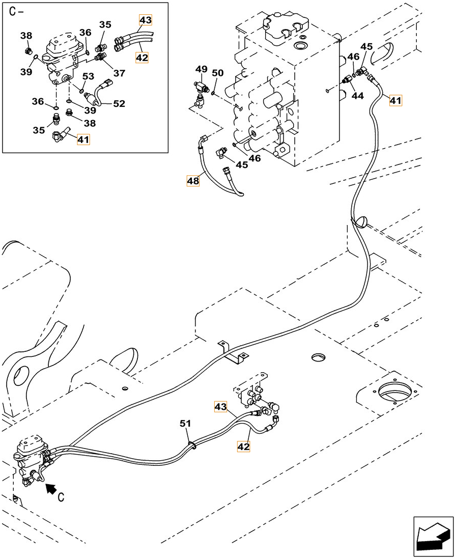 Case CX260C installation diagram showing hydraulic hose KHJ2165 at Pipe No. 41